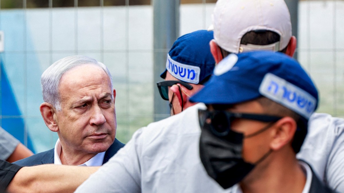 Benjamin Netanyahu visits the scene of a shooting at the Ramot Road junction in east Jerusalem on September 8, 2025.