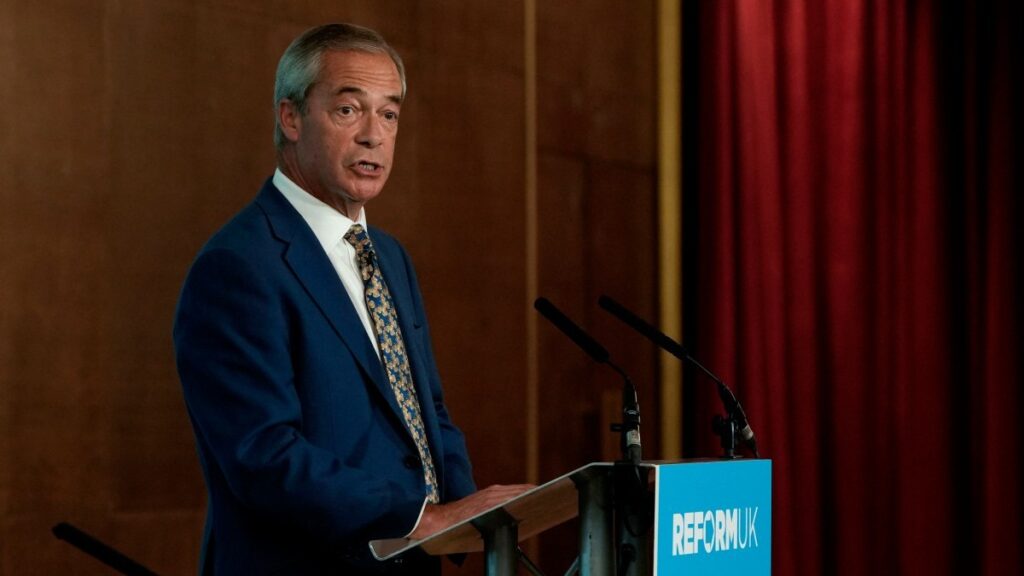 Reform UK Leader Nigel Farage speaks during a press conference in London on September 15, 2025.