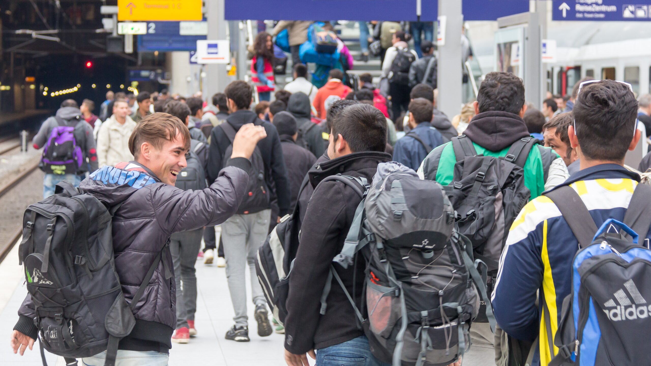 Arrival of refugees with a special train by Deutsche Bahn from the Austrian/German border at the station of Cologe/Bonn airport in October 2015
