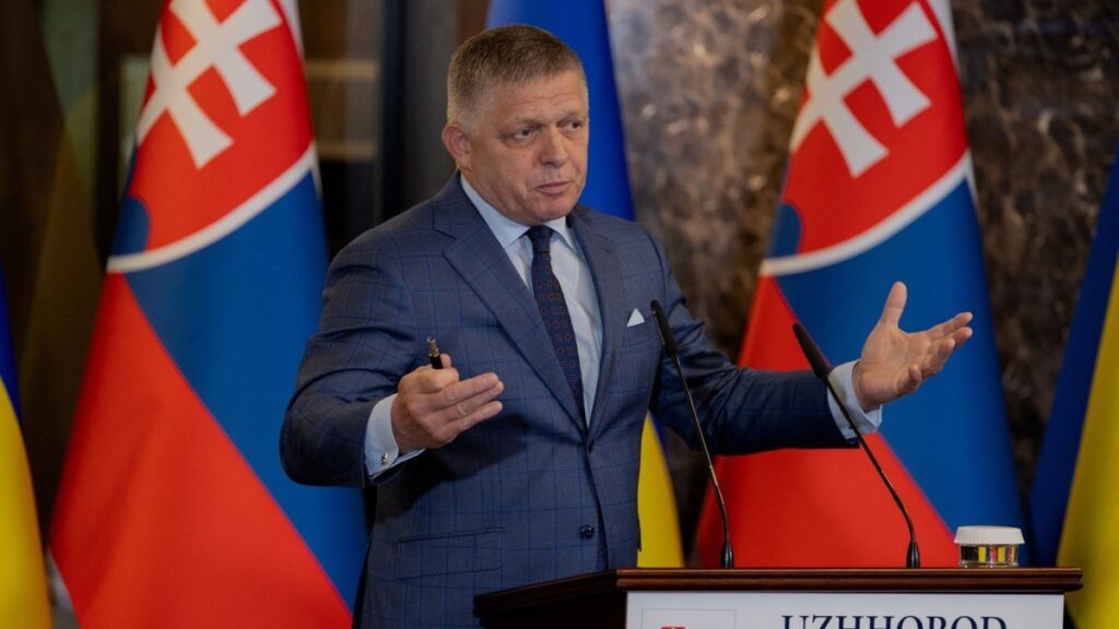 Prime Minister of Slovakia Robert Fico speaks during a joint press conference with Ukraine's President in Uzhhorod on September 5, 2025.