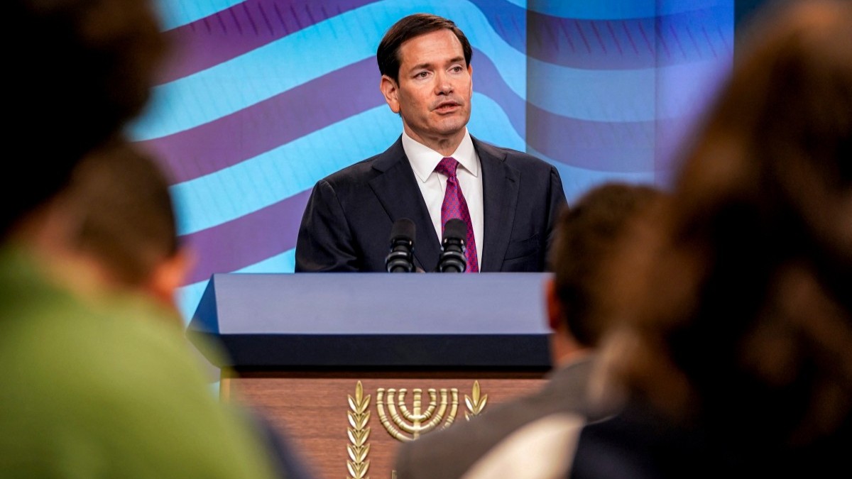 U.S. Secretary of State Marco Rubio speaks during a joint press conference with Israel's Prime Minister at the Prime Minister's Office in Jerusalem on September 15, 2025.