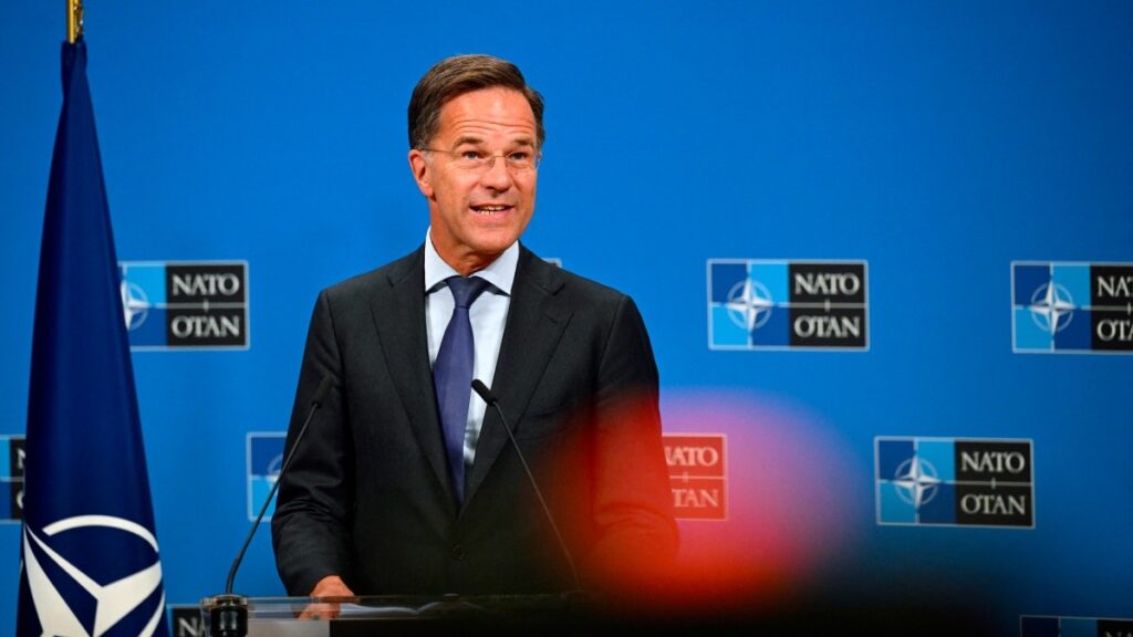 NATO Secretary General Mark Rutte holds a joint press conference with Estonia's president at the NATO headquarters in Brussels on September 3, 2025.