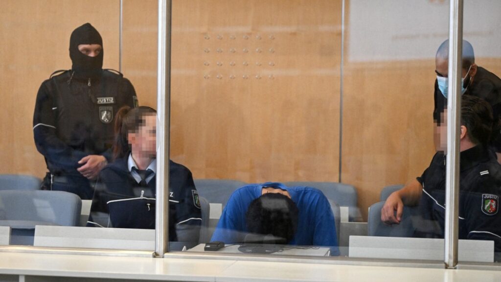 Syrian defendant Issa Al in the dock in the courtroom in Düsseldorf, western Germany, on May 27, 2025, at the start of his trial over a deadly knife attack that killed three people in August 2024 in Solingen, western Germany.