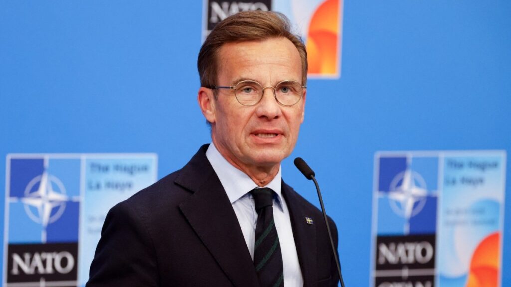 Sweden’s Prime Minister Ulf Kristersson speaks to the media upon arriving to attend the North Atlantic Treaty Organization (NATO) Heads of State and Government summit in The Hague, on June 25, 2025.