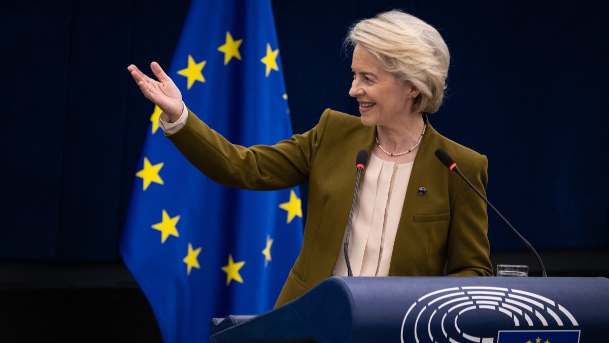 EU Commission President Ursula von der Leyen gives her annual State of the Union address during a plenary session at the European Parliament in Strasbourg, France, on September 10, 2025.