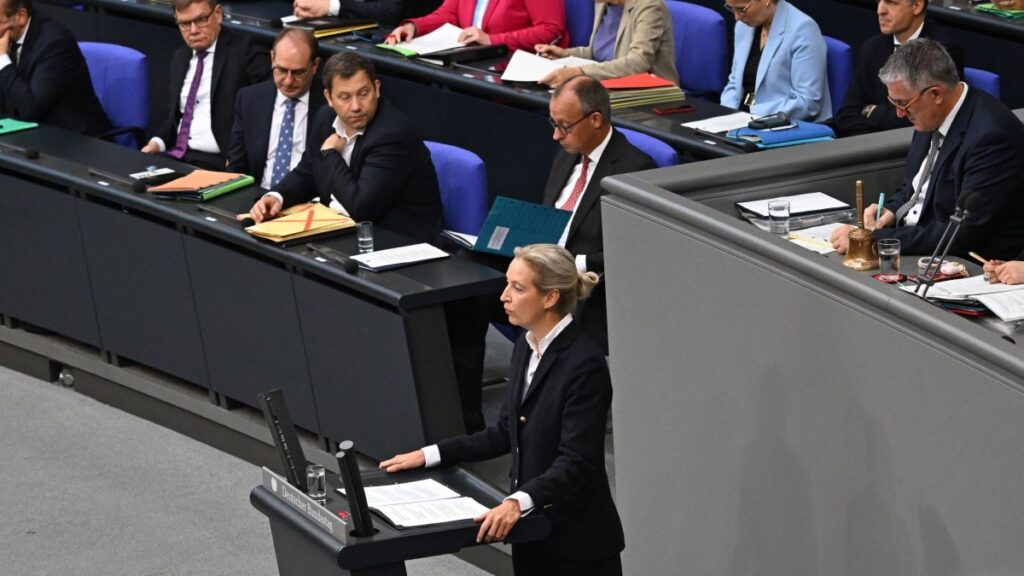 AfD Co-chair Alice Weidel speaks at a session at the Bundestag during a general debate on the budget in Berlin on September 17, 2025.