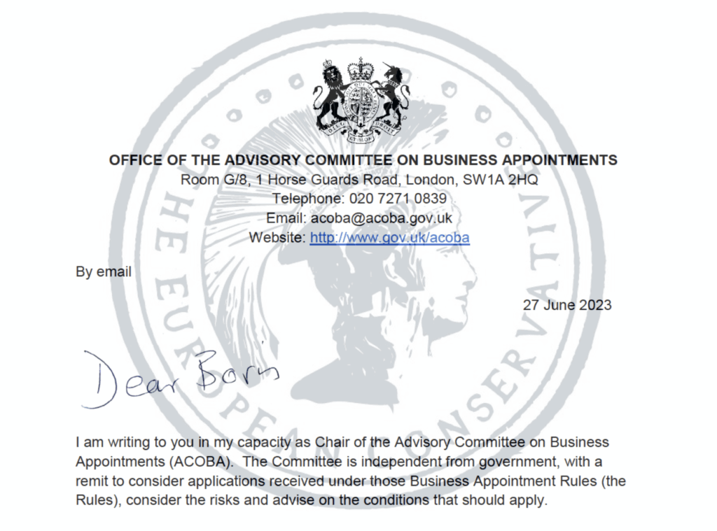 ACOBA letterhead with Dear Boris handwritten