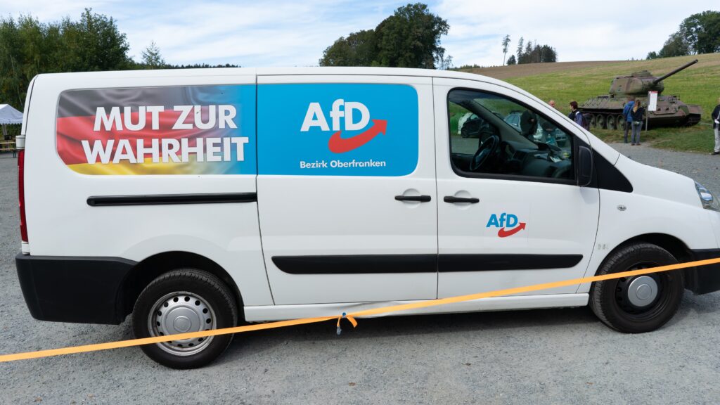 An AfD van with a large sticker reading "Courage to speak the truth"
