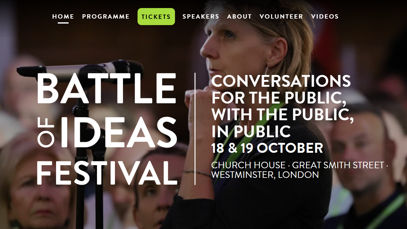 Screenshot of the Battle of Ideas website's homepage (2025)