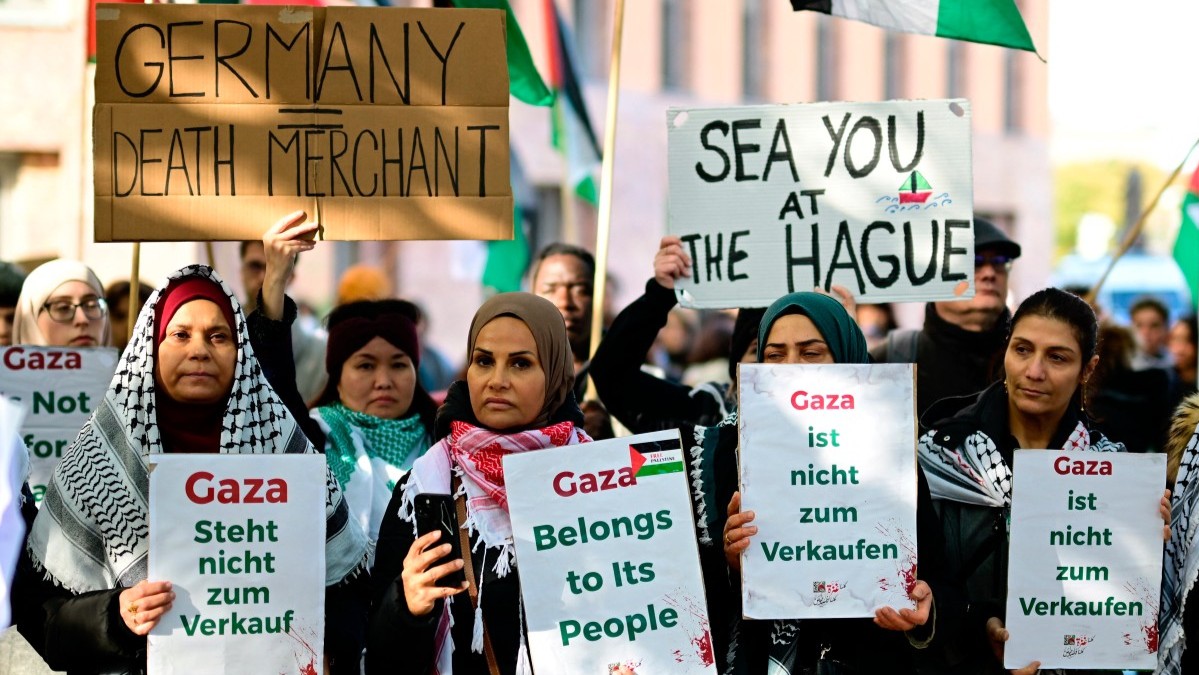 Demonstrators during a protest titled ‘Stop the genocide in Gaza’ in front of the German Foreign Office in Berlin on October 6, 2025.