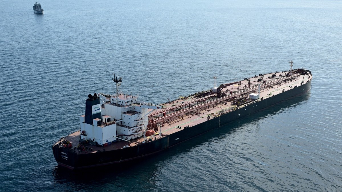 This aerial picture taken on October 1, 2025 off the coast of the western France port of Saint-Nazaire shows the tanker Boracay from Russia’s so-called shadow fleet suspected of being involved in drone flights over Denmark.