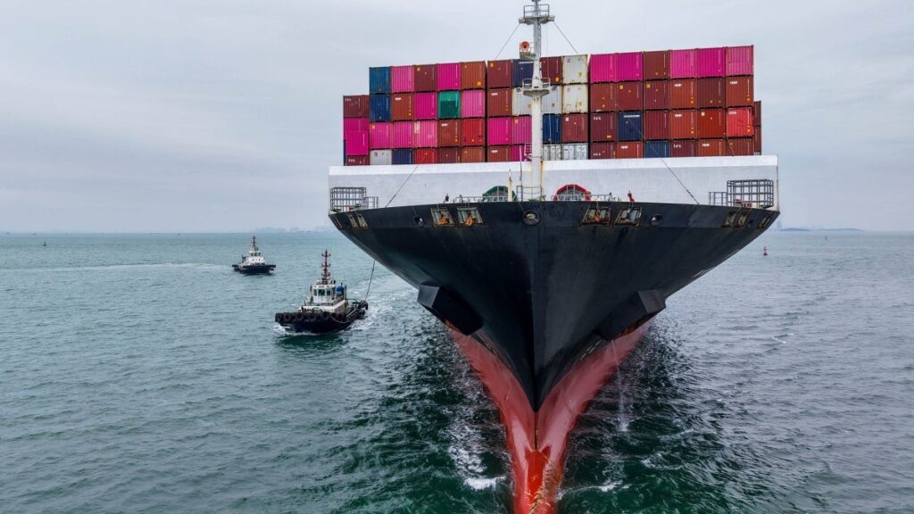 A cargo ship sails into the port in Qingdao, in China’s eastern Shandong province on October 13, 2025.