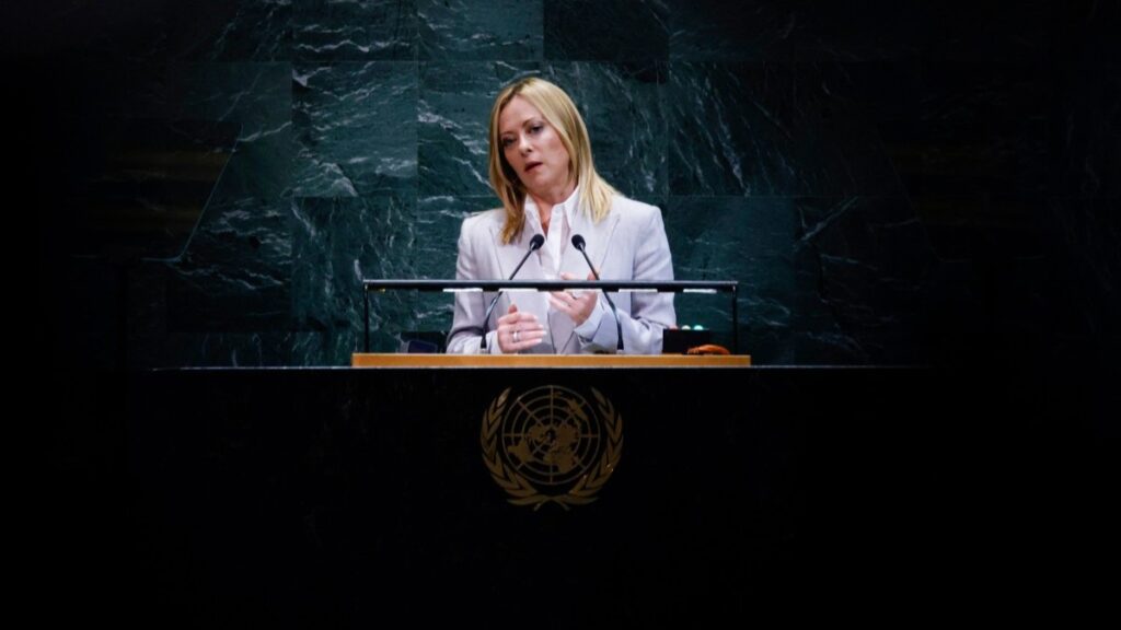 Italian Prime Minister Giorgia Meloni speaks during the General Debate of the United Nations General Assembly at the UN headquarters in New York City on September 24, 2025.