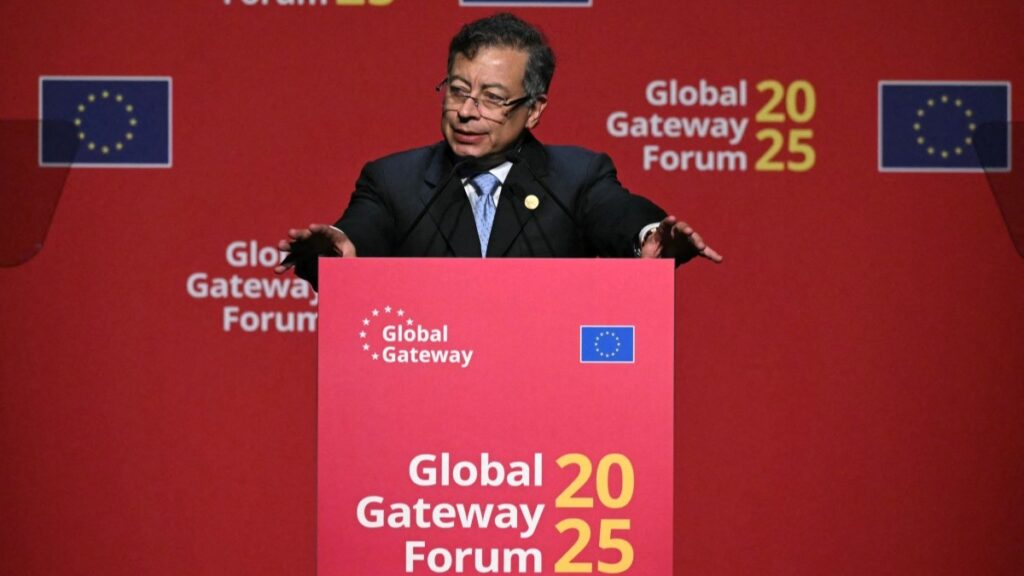 President of Colombia Gustavo Petro addresses the audience during the Global Gateway Forum 2025 at the Square - Brussels Meeting Centre, in Brussels on October 9, 2025.