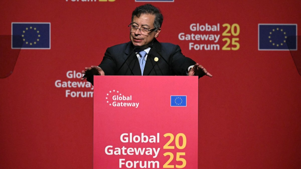 President of Colombia Gustavo Petro addresses the audience during the Global Gateway Forum 2025 at the Square - Brussels Meeting Centre, in Brussels on October 9, 2025.