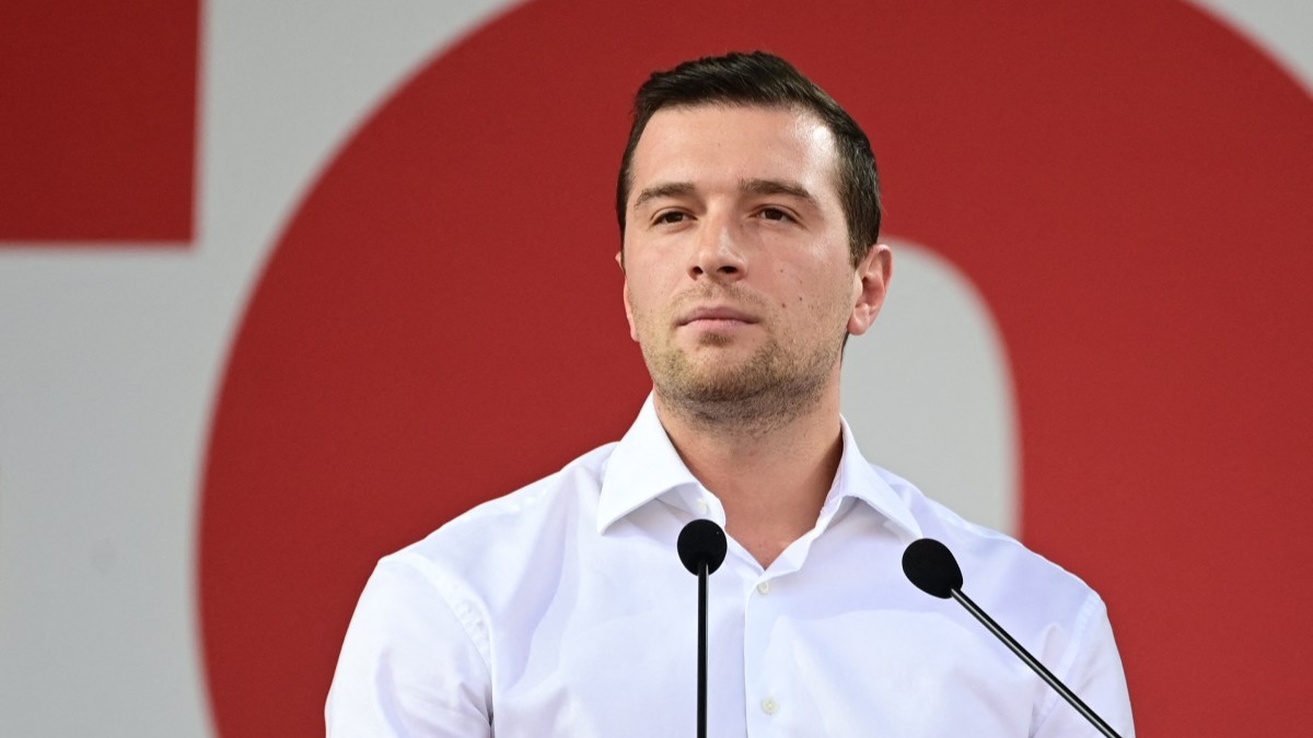 Rassemblement National (RN) President Jordan Bardella at the annual rally of the Italian Lega party in Pontida, northern Italy on September 21, 2025.