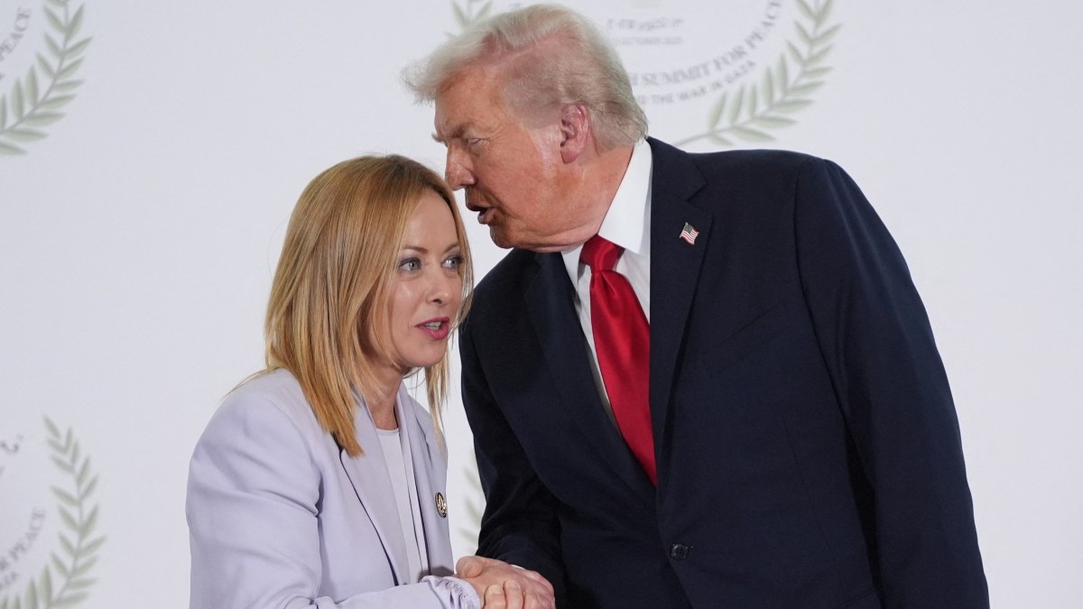 U.S. President Donald Trump greets Italy’s Prime Minister Giorgia Meloni during the Middle East Peace Summit in Sharm el-Sheikh on October 13, 2025.