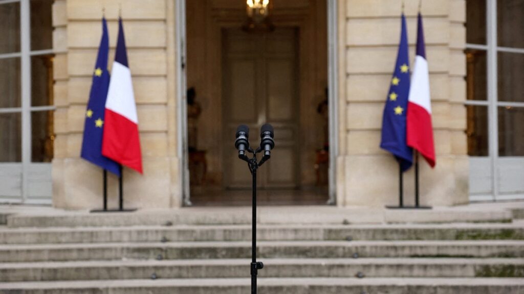 A microphone is set up in the courtyard for the statement by French outgoing Prime Minister Sebastien Lecornu at the Hôtel Matignon in Paris, on October 6, 2025.