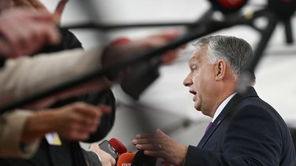 Hungary’s Prime Minister Viktor Orbán gives a statement as he arrives to attend an Informal Meeting of EU Heads of State and Government at Christiansborg Palace in Copenhagen on October 1, 2025.