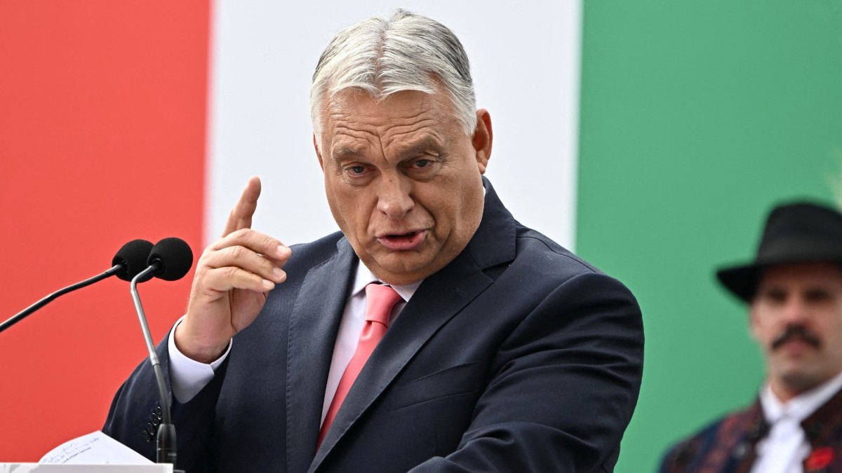 Hungarian Prime Minister Viktor Orbán gestures as he speaks at the ceremony on the 130th anniversary of the Mária Valéria Bridge connecting Hungary and Slovakia, on September 28, 2025.