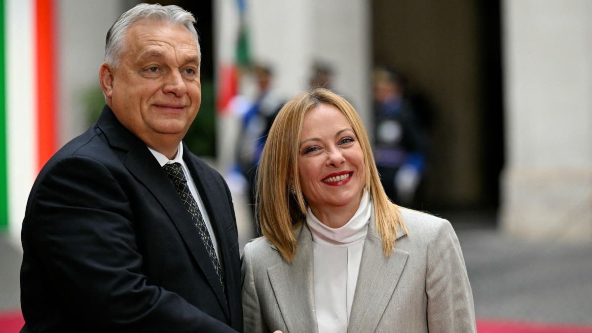 Italy’s Prime Minister, Giorgia Meloni welcomes Hungary’s Prime Minister Viktor Orbán at the Palazzo Chigi prior their meeting in Rome on October 27, 2025.