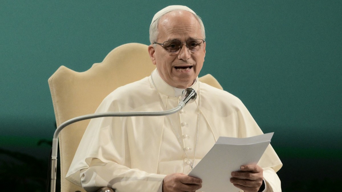 Pope Leo XIV speaks during the International Conference ‘Raising Hope for Climate Justice’ on the occasion of the 10th Anniversary of the Encyclical Laudato Si’ at Mariapolis Center in Castel Gandolfo on October 01, 2025.