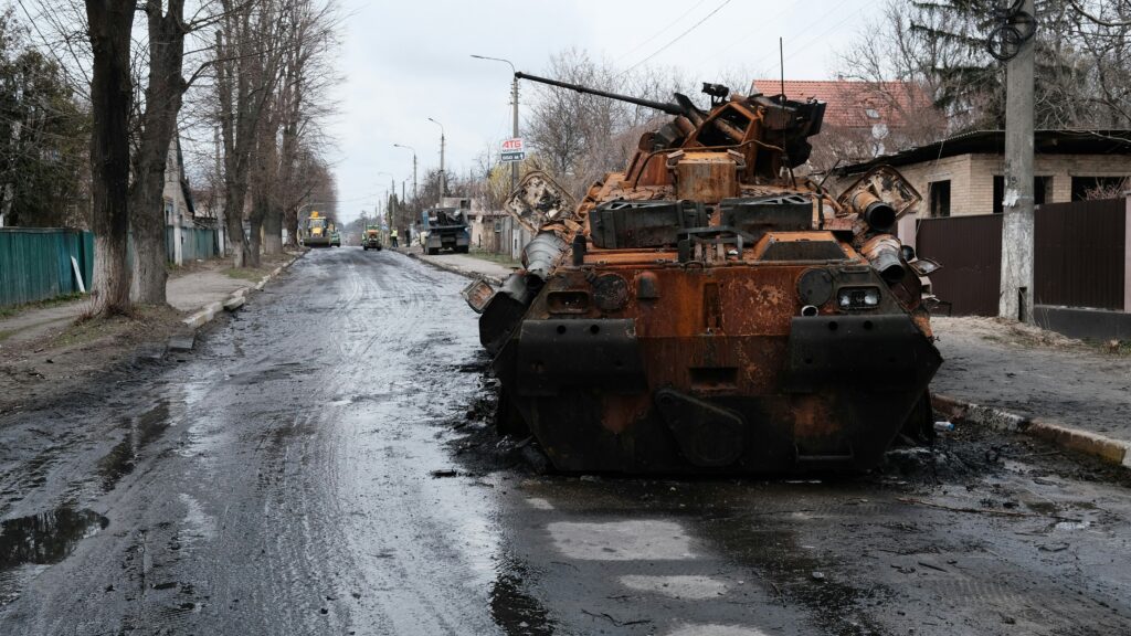 A rusty tank in Bucha, Ukraine