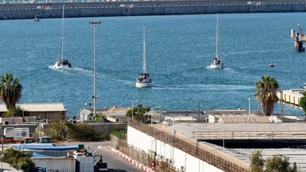 Boats from the Global Sumud Flotilla intercepted by Israeli forces in the Mediterranean sea off the Gaza Strip waters, arrive in the southern port of Ashdod on October 2, 2025.