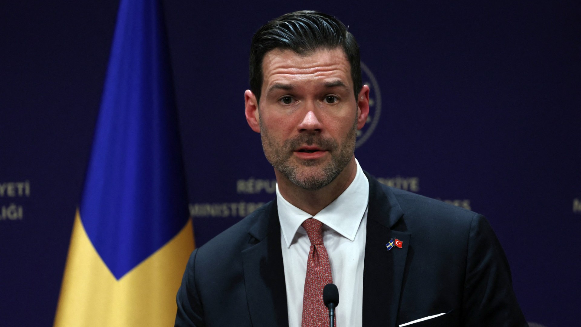 Sweden’s Minister of Foreign Trade and International Development Cooperation Johan Forssell gives a joint news conference following talks in Ankara, on February 22, 2023.