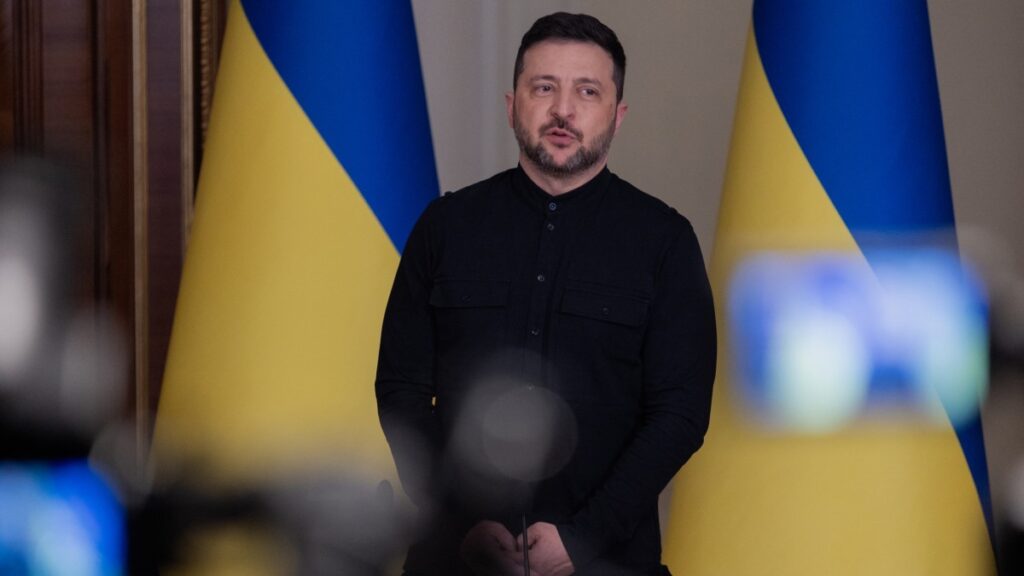 Ukraine’s President Volodymyr Zelensky speaks during a press conference in Kyiv on October 10, 2025.