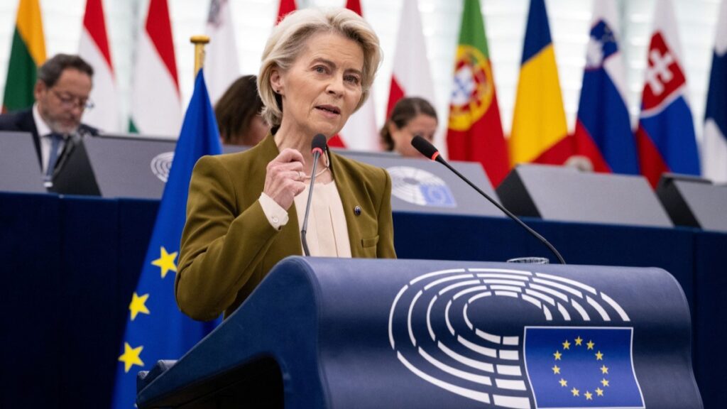EU Commission President Ursula von der Leyen gives her annual State of the Union address during a plenary session at the European Parliament in Strasbourg, eastern France, on September 10, 2025