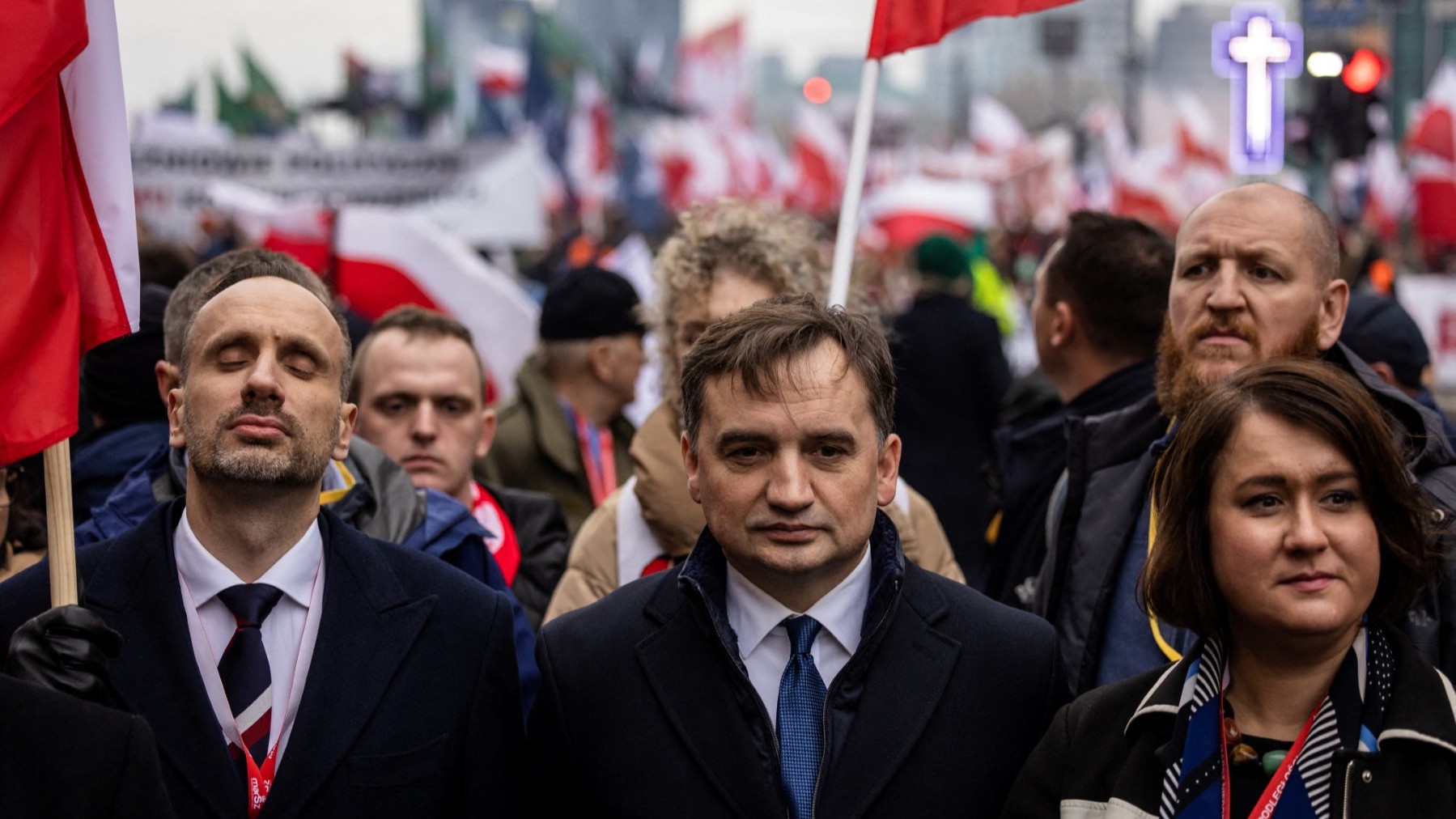 Polish Justice Minister Zbigniew Ziobro (C) at the country’s Independence Day march in Warsaw on November 11, 2022.