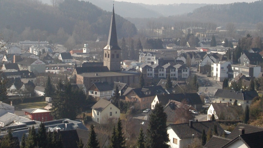 Overath (Germany) church and town hall from the Ferrenberg