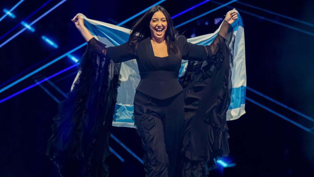 Yuval Raphael, representing Israel, performing at Eurovision 2025 in Basel, Switzerland.