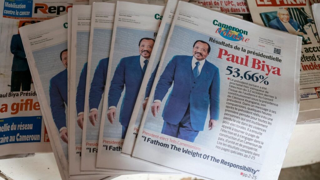 Copies of the Cameroon Tribune newspaper at a newsstand in Yaounde, on October 28, 2025, a day after the Cameroon presidential election results were announced.