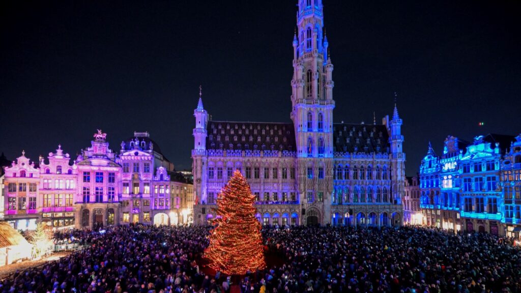 The Christmas tree is illuminated during a light show at the Grand-Place in Brussels on November 29, 2024 to mark the start of Advent.