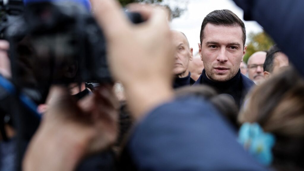Rassemblement National (RN) President Jordan Bardella speaks to the press upon his arrival at the Poussay agricultural fair in Poussay, France on October 25, 2025.