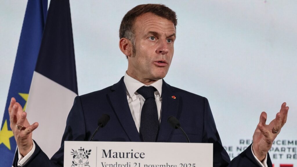 France’s President Emmanuel Macron speaks to the French community during the inauguration ceremony of the Mauritius French Embassy in Port Louis on November 21, 2025.