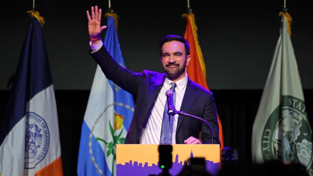 New York City Mayoral candidate Zohran Mamdani celebrates during an election night event at the Brooklyn Paramount Theater in Brooklyn, New York on November 4, 2025.