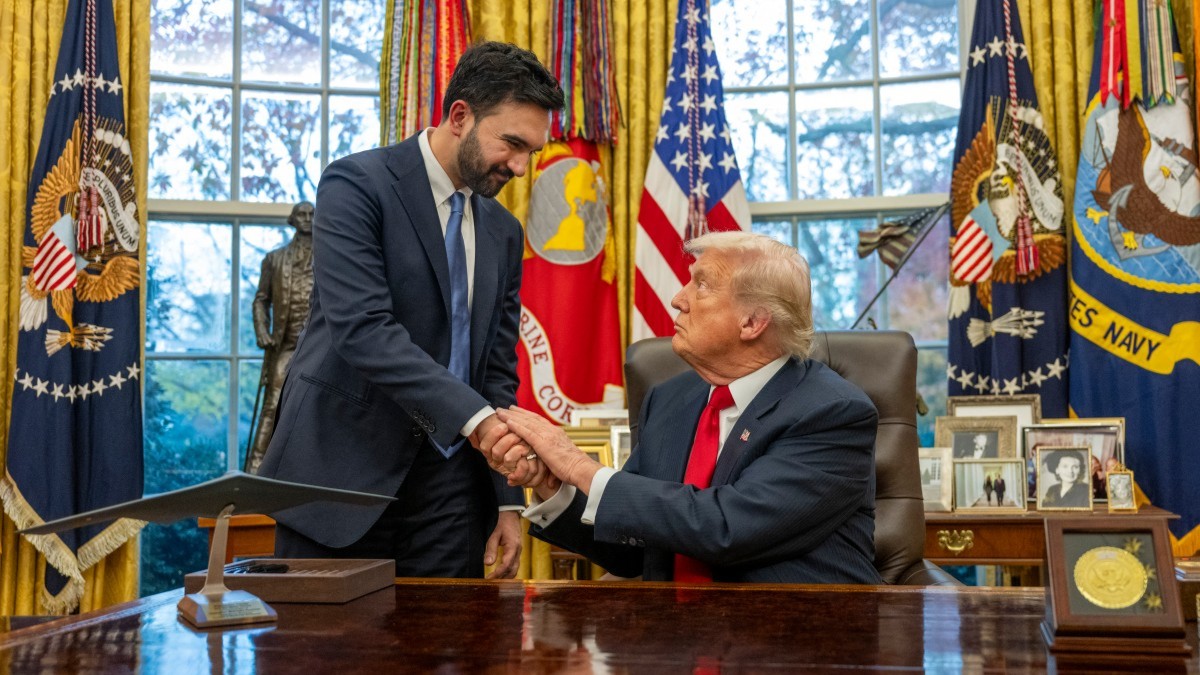 U.S. President Donald Trump (R) shakes hands with New York Mayor-elect Zohran Mamdani as they meet in the Oval Office of the White House in Washington, D.C., on November 21, 2025.