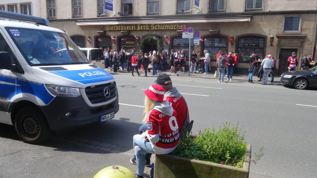 A police van parked outside a pub in Düsseldorf ahead of a football match on January 27, 2024