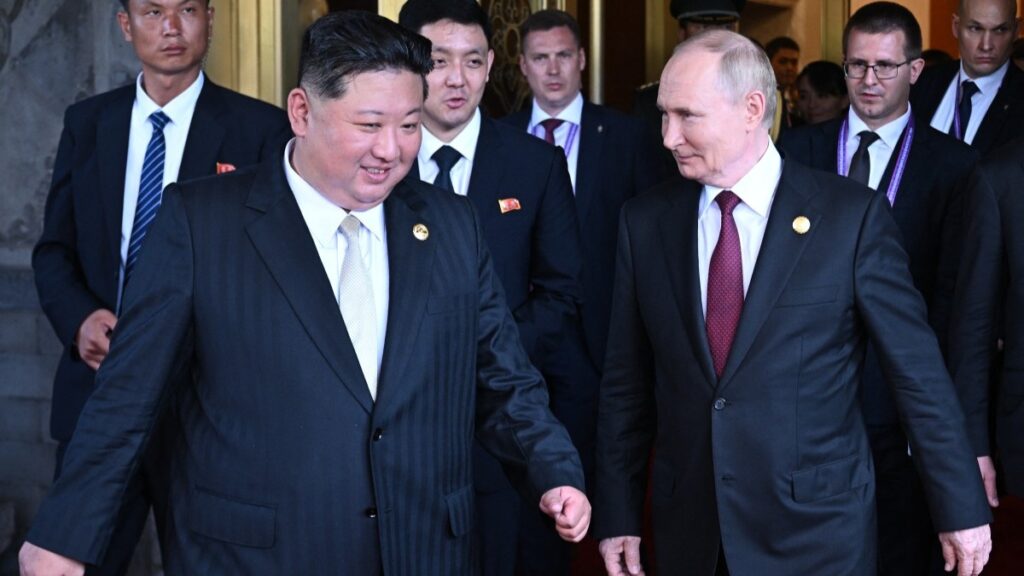 Russian President Vladimir Putin sees North Korean leader Kim Jong Un off following their talks after attending a military parade marking the 80th anniversary of victory over Japan and the end of World War II, in Beijing on September 3, 2025.