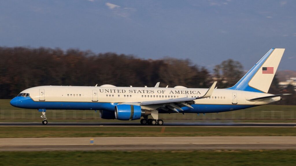 A plane transporting a U.S. delegation including US Secretary of State Marco Rubio, lands at Geneva airport, on November 23, 2025.