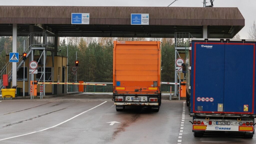 Trucks at the Lithuania/Belarus border crossing near Šalčininkai, South-Eastern Lithuania on October 28, 2025