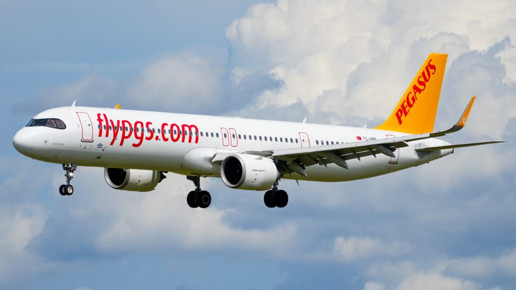 An Airbus A321-251NX operated by Pegasus Airline is about to land at Hannover Airport on July 29, 2023