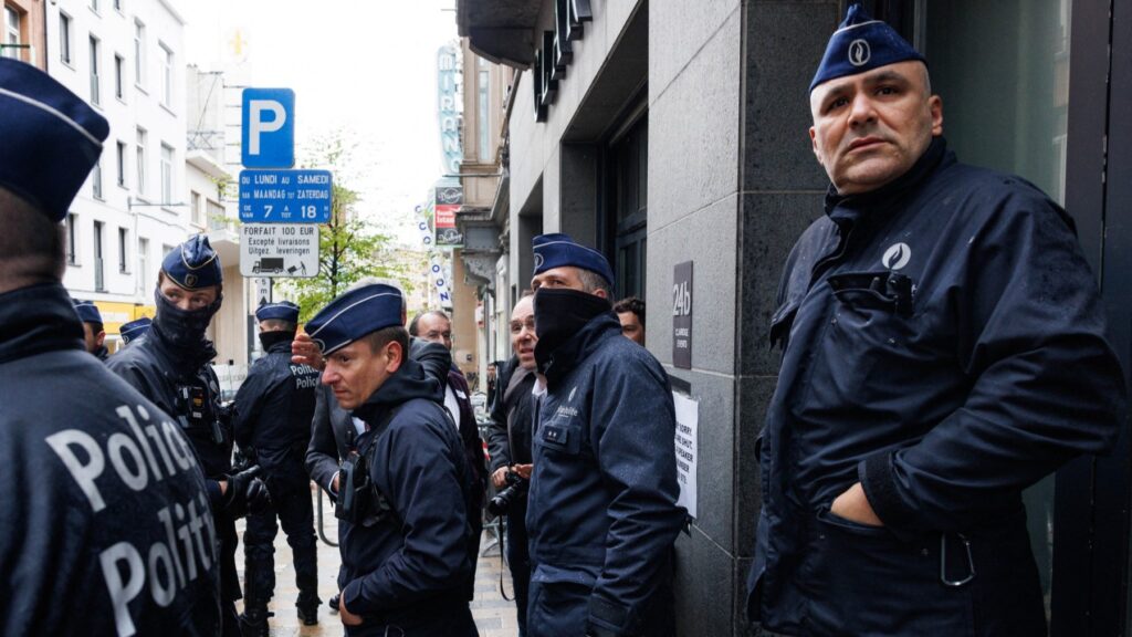 Belgian police block the entrance of the Claridge hotel in Brussels, the venue of the National Conservatism conference on April 16, 2024.