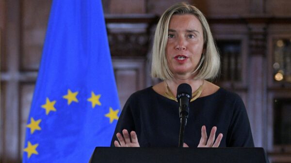Then High Representative of the European Union for Foreign Affairs and Security Policy and Vice-President of the European Commission, Italy's Federica Mogherini, speaks during a press conference with Colombian President Iván Duque (out of frame) in Bogotá on September 12, 2019.