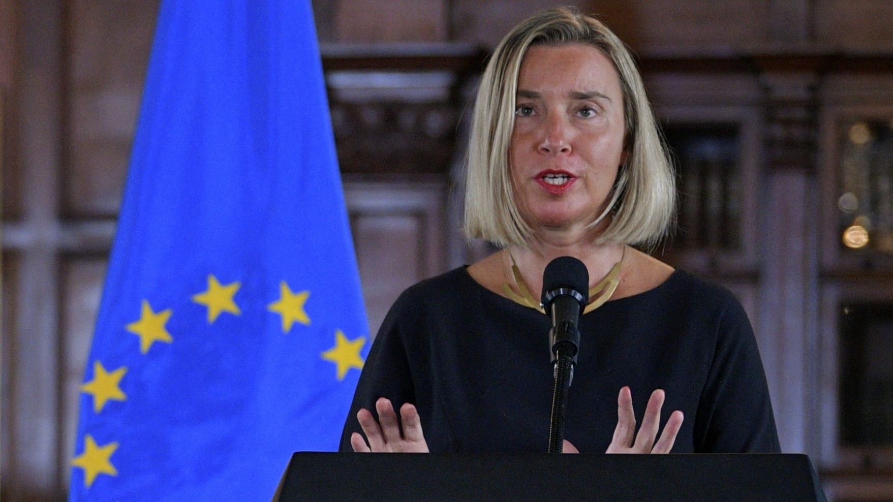 Then High Representative of the European Union for Foreign Affairs and Security Policy and Vice-President of the European Commission, Italy's Federica Mogherini, speaks during a press conference with Colombian President Iván Duque (out of frame) in Bogotá on September 12, 2019.