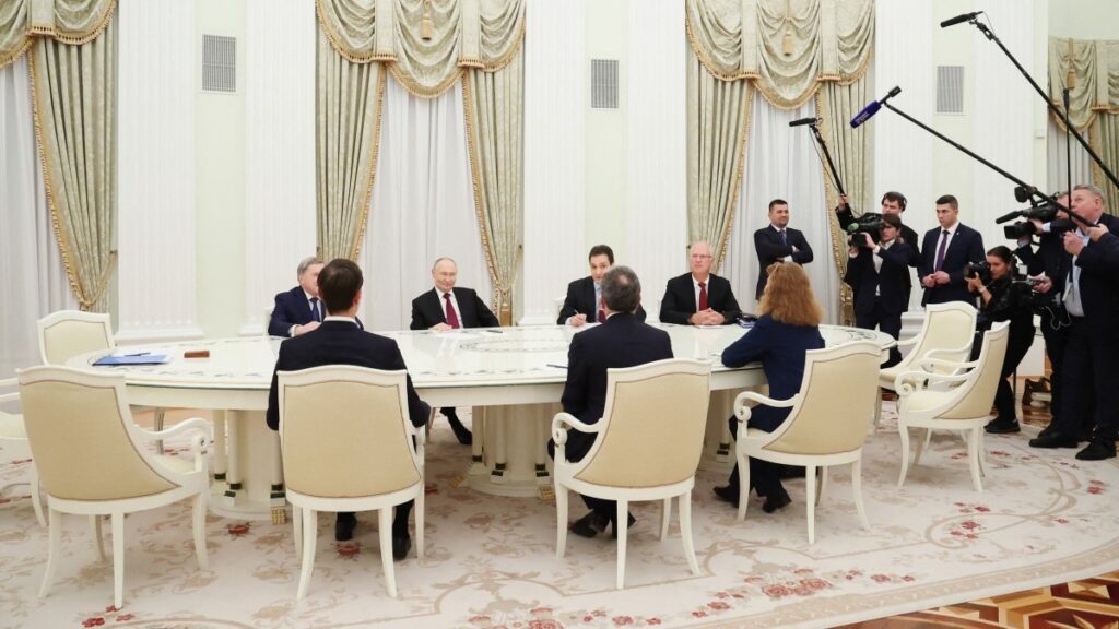Russia’s President Vladimir Putin, accompanied by Kremlin economic envoy Kirill Dmitriev and Kremlin aide Yuri Ushakov, meets with U.S. special envoy Steve Witkoff and U.S. President Donald Trump’s son-in-law Jared Kushner at the Kremlin in Moscow on December 2, 2025.