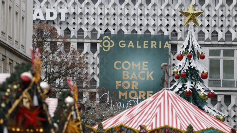 A Christmas tree at the Christmas market on the Old Market Square in Magdeburg, Germany, on November 20, 2025